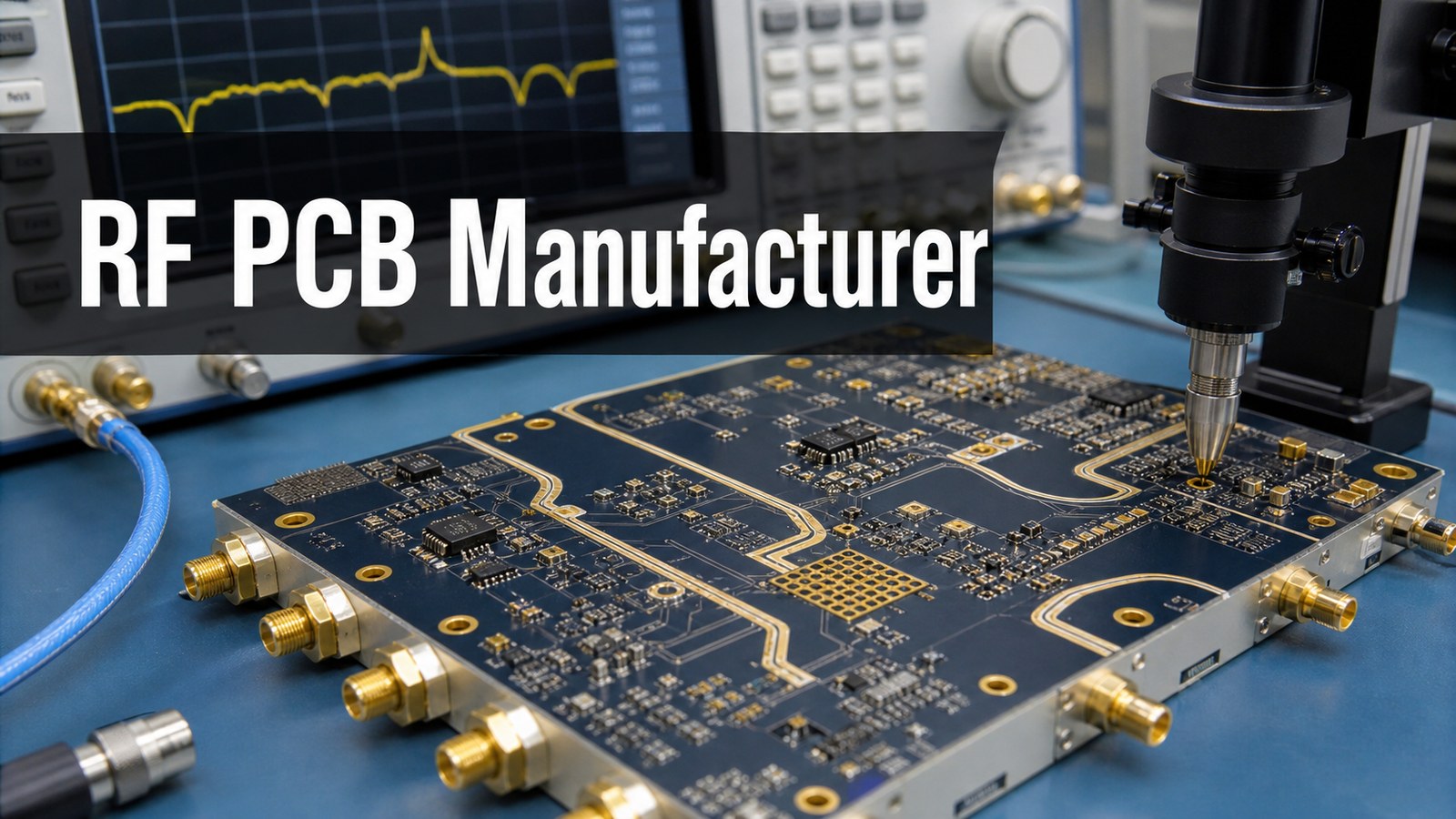 RF PCB manufacturer inspecting high frequency circuit board with RF connectors