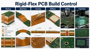 Rigid-flex PCB build control from stackup to inspection