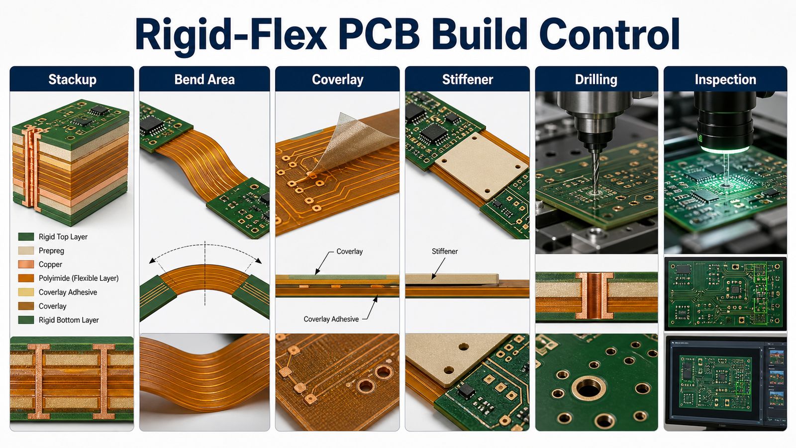 Rigid-flex PCB build control from stackup to inspection