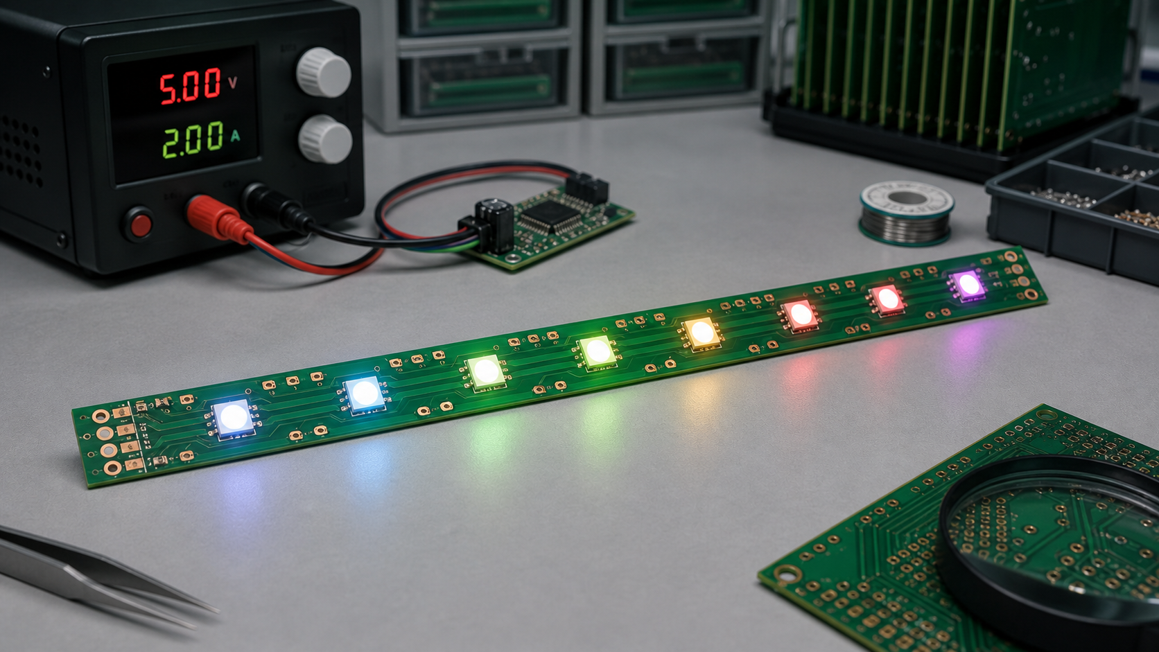 Rigid PCB 5V addressable RGB strip powered from a bench supply during engineering review