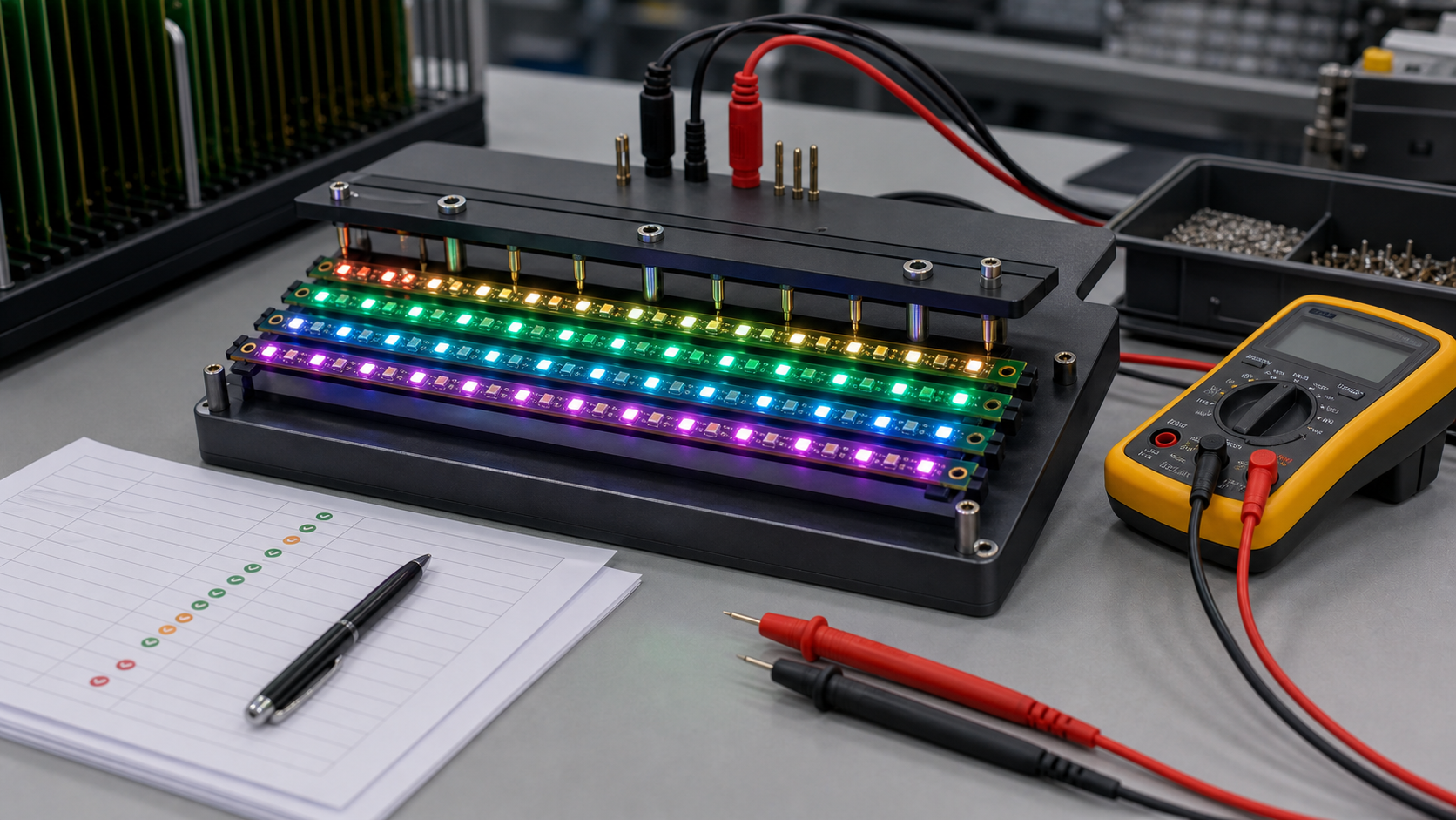 Factory test fixture checking multiple rigid PCB 5V addressable RGB strips with illuminated pixels