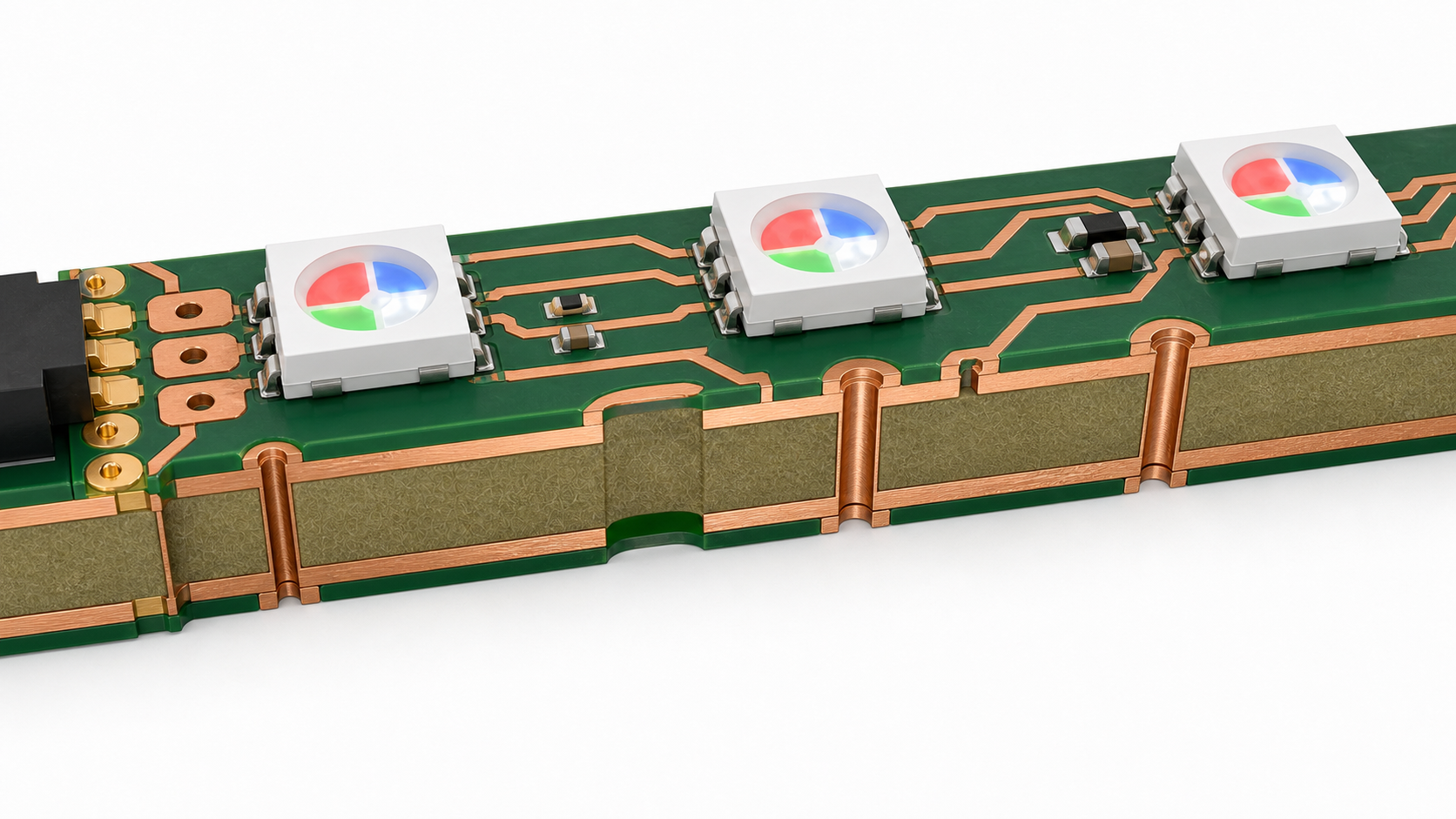 Cutaway view of a rigid PCB RGB LED strip with copper rails, vias, FR4 core, and addressable LED packages