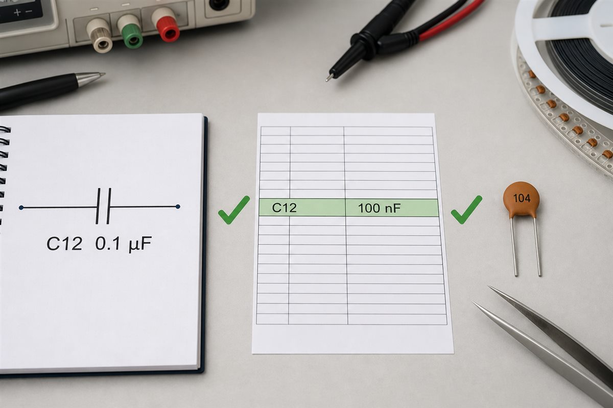 Schematic value 0.1 µF, BOM value 100 nF and capacitor code 104 verified as equivalent