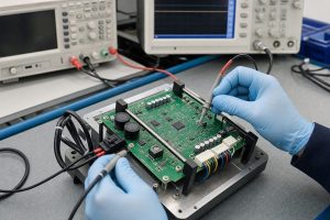 Scooter circuit boards being inspected and functionally tested in an electronics laboratory fixture