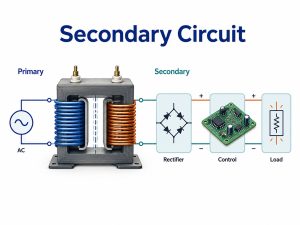 Secondary circuit diagram showing primary winding, transformer, rectifier, control PCB, and load