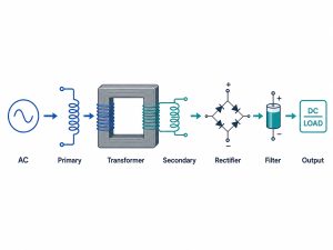 Transformer secondary circuit working process from AC input to rectified DC load