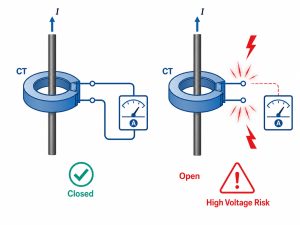 Current transformer secondary circuit closed versus open high-voltage risk