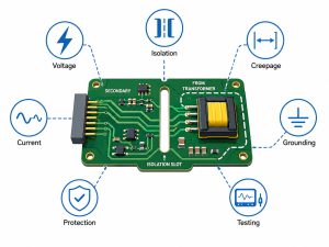 PCB design factors for a secondary circuit including isolation, creepage, grounding, protection, and testing