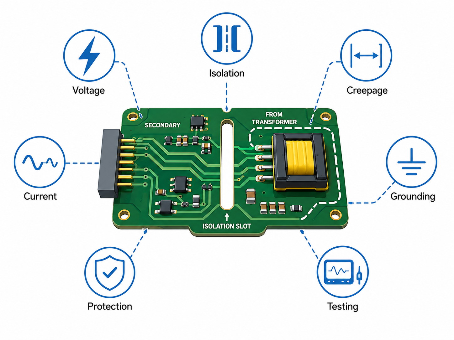 PCB design factors for a secondary circuit including isolation, creepage, grounding, protection, and testing