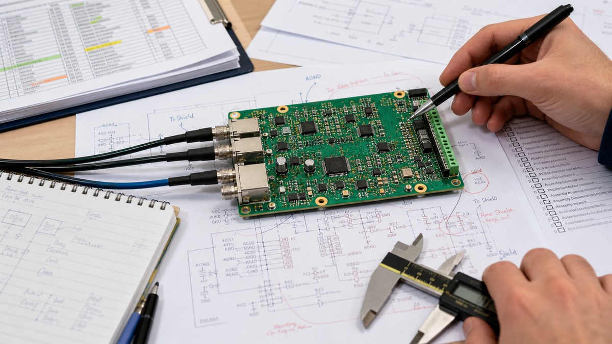 Custom sensor PCB DFM review with schematic, connector cables and layout notes