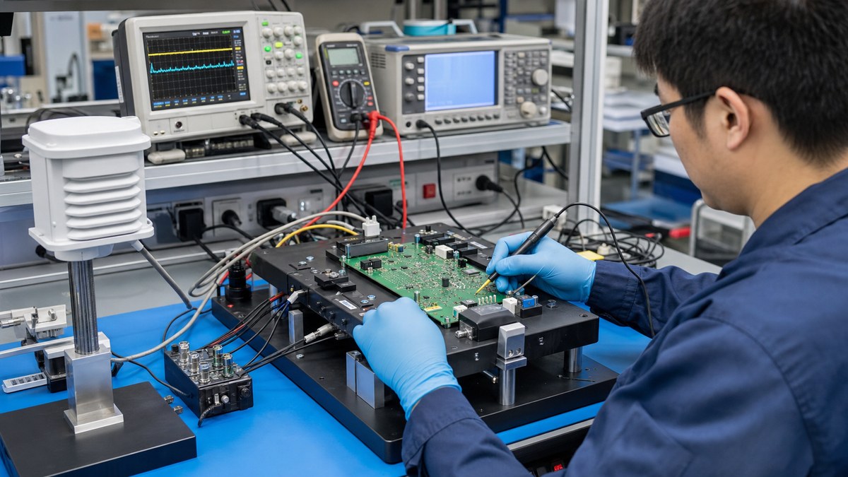 Sensor PCBA functional testing with oscilloscope, test fixture and environmental sensor enclosure
