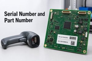 Serial Number and Part Number shown with a labeled PCB assembly and scanner