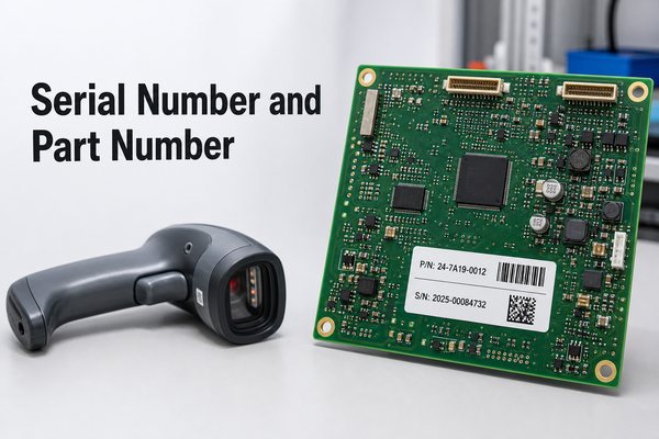 Serial Number and Part Number shown with a labeled PCB assembly and scanner