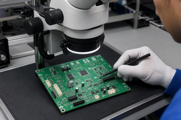Finished PCB silkscreen markings inspected under a stereo microscope