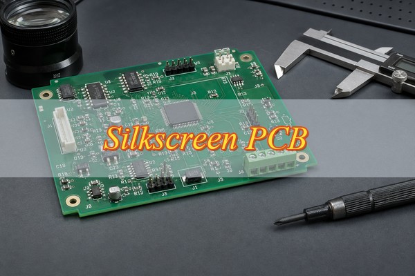 Silkscreen PCB with white component markings on an engineering inspection bench
