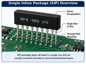 Single inline package overview showing epoxy encapsulation, one row of pins, and through-hole mounting