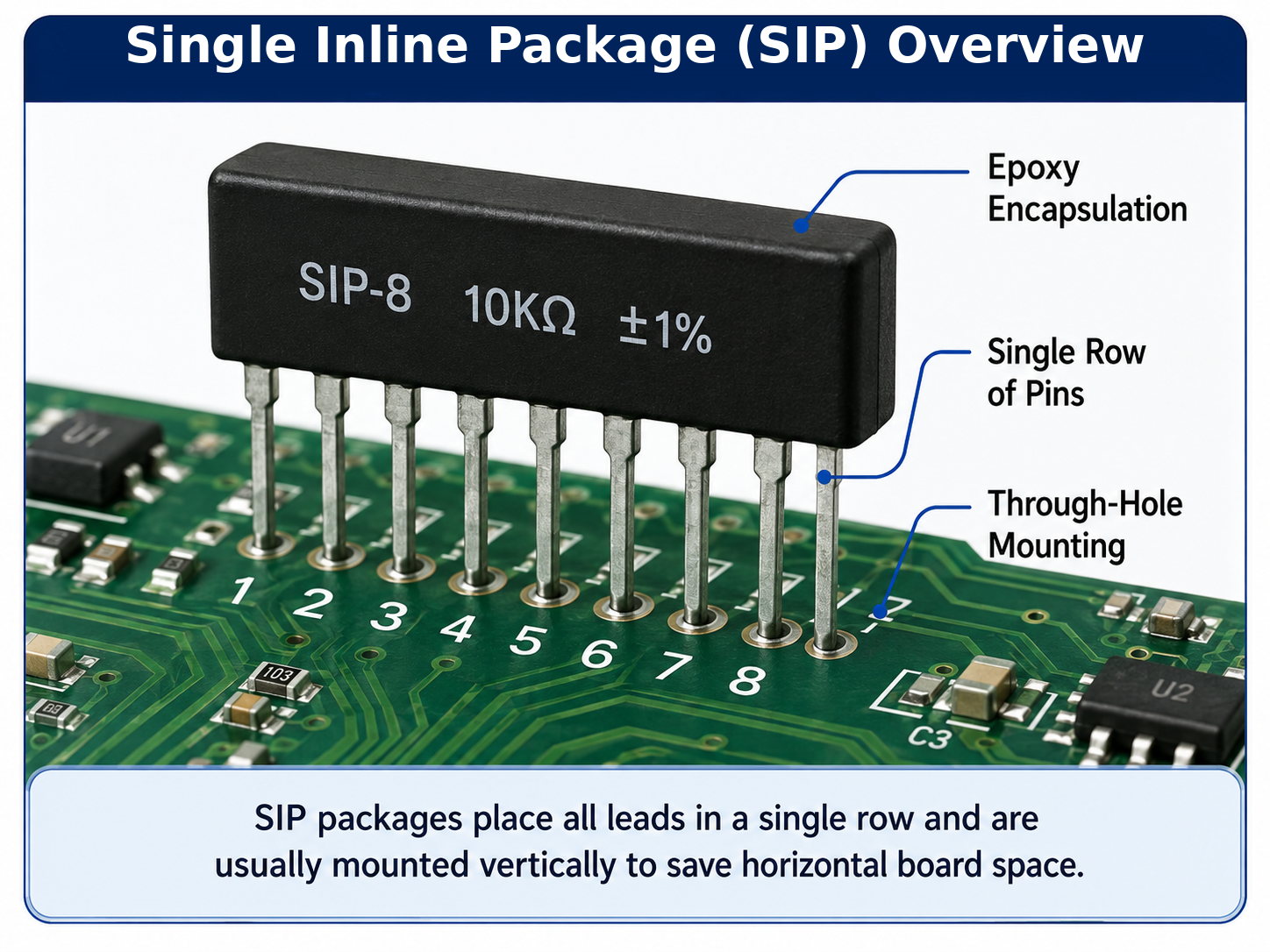 Single inline package overview showing epoxy encapsulation, one row of pins, and through-hole mounting