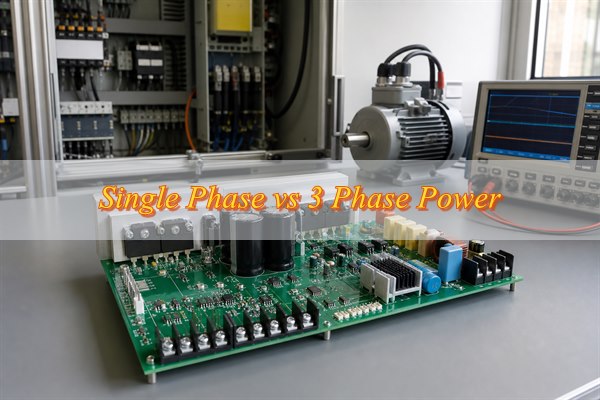 Power electronics PCB beside an industrial motor and electrical control cabinet