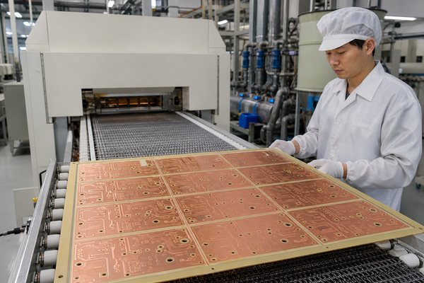 Single-sided PCB panels moving through a circuit board production line