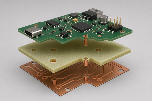 Exploded construction of a single-sided PCB with components, substrate, and one copper layer