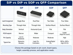 Comparison of SIP, DIP, SOP, and QFP electronic component packages