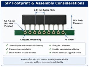 SIP footprint and assembly considerations showing pin pitch, drill hole, annular ring, pin 1 mark, and body clearance
