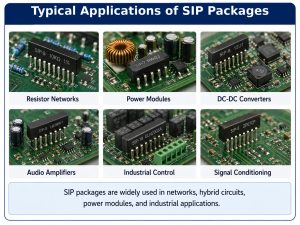 Typical applications of SIP packages including resistor networks, power modules, DC-DC converters, amplifiers, industrial control, and signal conditioning