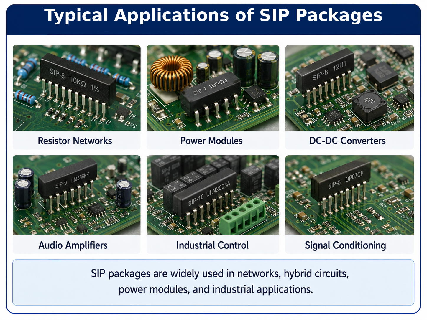 Typical applications of SIP packages including resistor networks, power modules, DC-DC converters, amplifiers, industrial control, and signal conditioning
