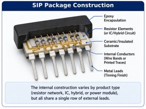 Cutaway diagram of a SIP package showing encapsulation, resistor elements, substrate, conductors, and metal leads