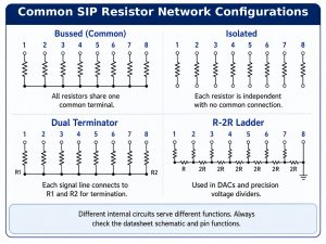 Common SIP resistor network configurations including bussed, isolated, dual terminator, and R-2R ladder circuits