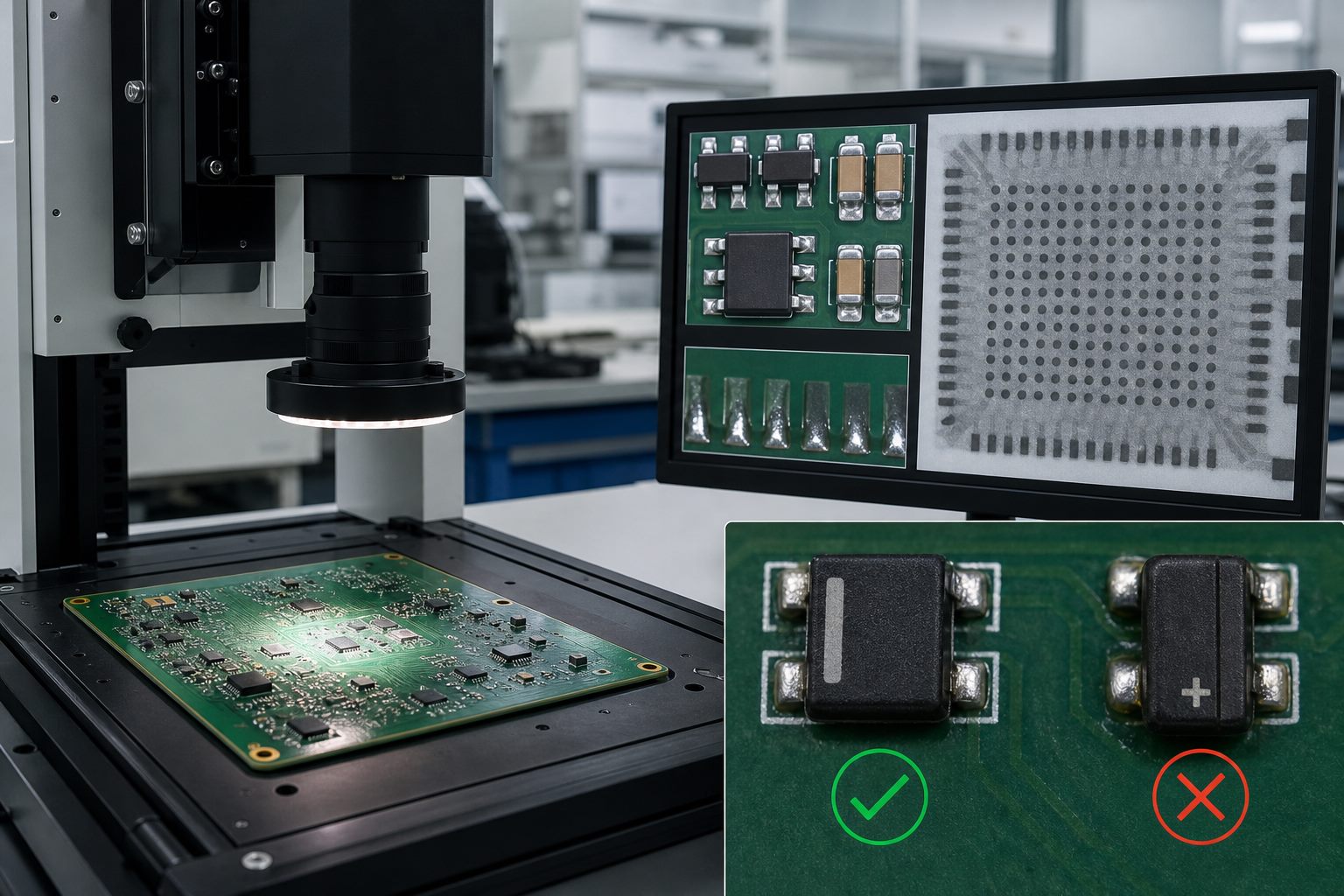 AOI and X-ray inspection of visible and hidden solder joints on a surface mount PCB assembly