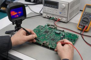 SMD capacitor short testing with current-limited power and a thermal camera on a faulty PCB