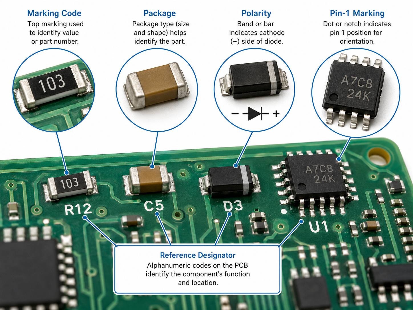 Surface mount electronic component identification guide