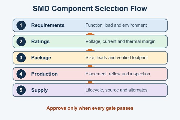 Five-stage SMD component selection flow covering requirements, ratings, package, production and supply
