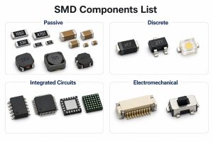 SMD components list grouped into passive, discrete, integrated circuit and electromechanical categories