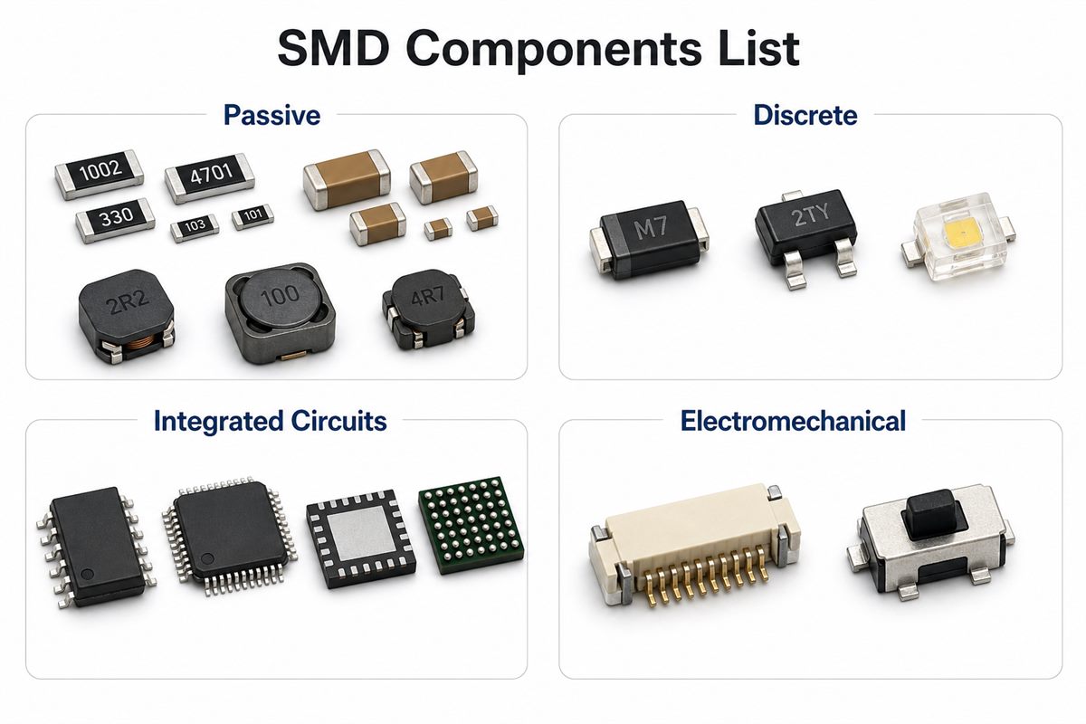 SMD components list grouped into passive, discrete, integrated circuit and electromechanical categories