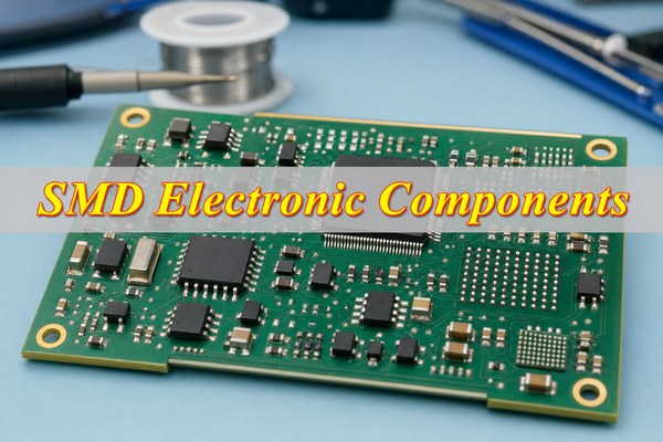 Populated PCB with resistors, capacitors and integrated-circuit SMD electronic components