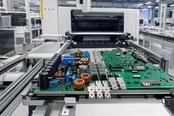 Illustrative solar inverter PCB manufacturing and assembly process on an electronics production line