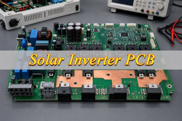 Illustrative Solar Inverter PCB with separated power and control circuitry on an engineering workbench