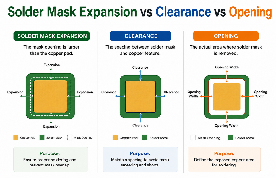 solder mask expansion vs clearance vs opening, https://www.bestpcbs.com/blog/2026/07/solder-mask-expansion/