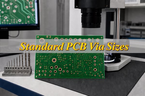 Standard PCB via sizes shown on a circuit board at an optical inspection bench