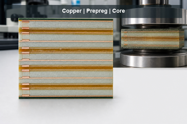 Multilayer PCB stackup showing core prepreg copper and finished thickness