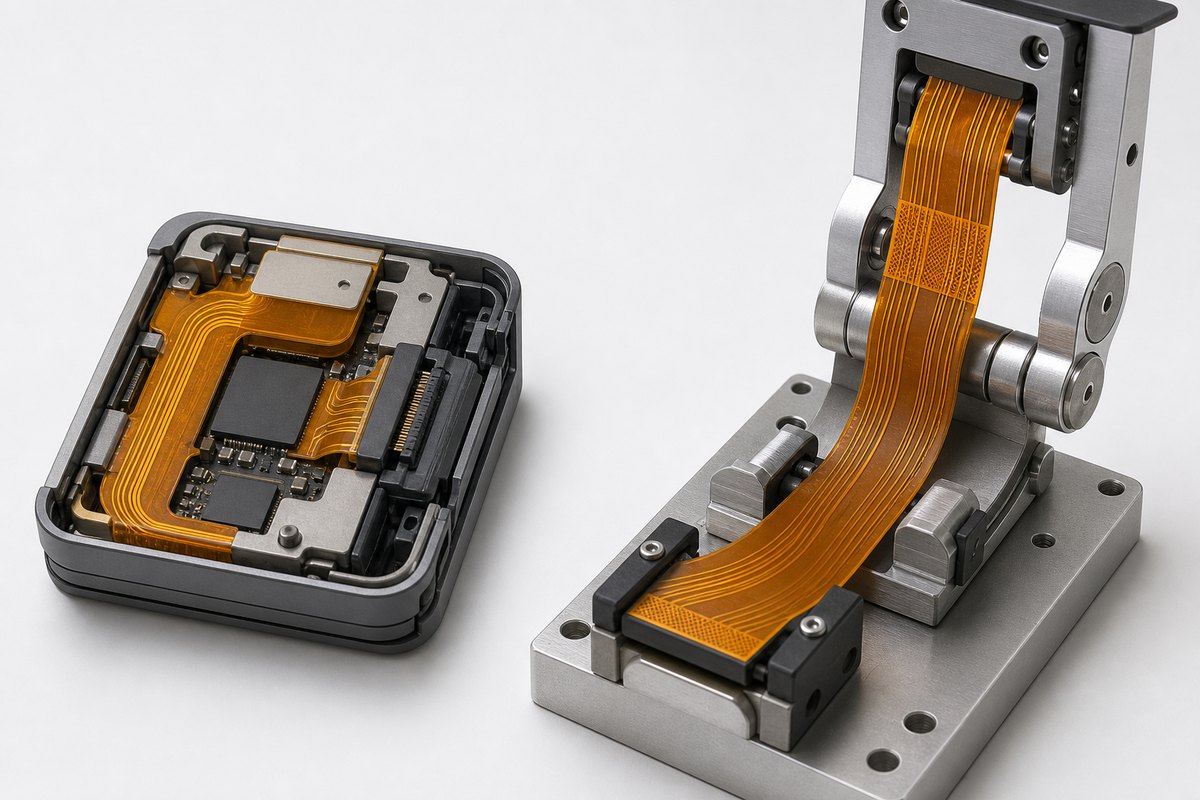 Static folded flex circuit and dynamic flex circuit moving through a smooth hinge bend