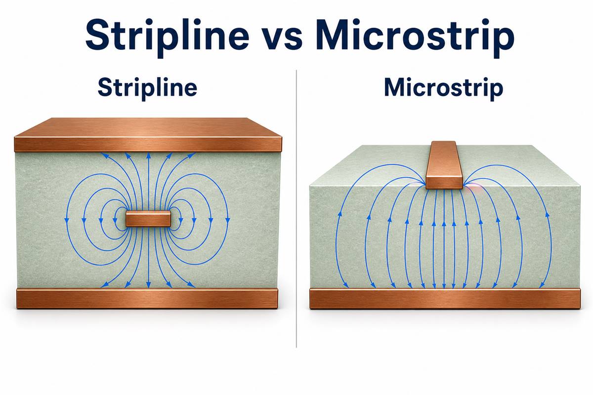 Stripline vs Microstrip PCB cross-section showing field containment