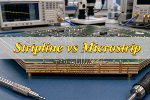 Stripline vs Microstrip title over a high-speed multilayer PCB engineering scene