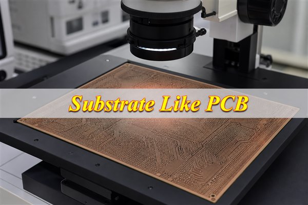 Bare fine-line circuit panel under a precision microscope with a substrate-like PCB title