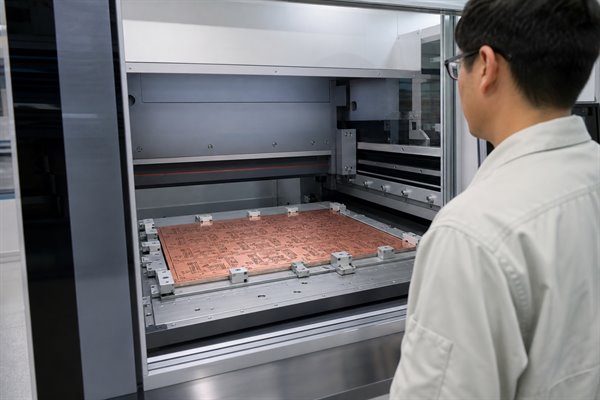 Substrate-like PCB panel inside precision imaging equipment during manufacturing review