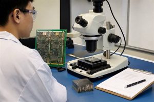 Substrate-like PCB sample under a laboratory microscope for quality-control review