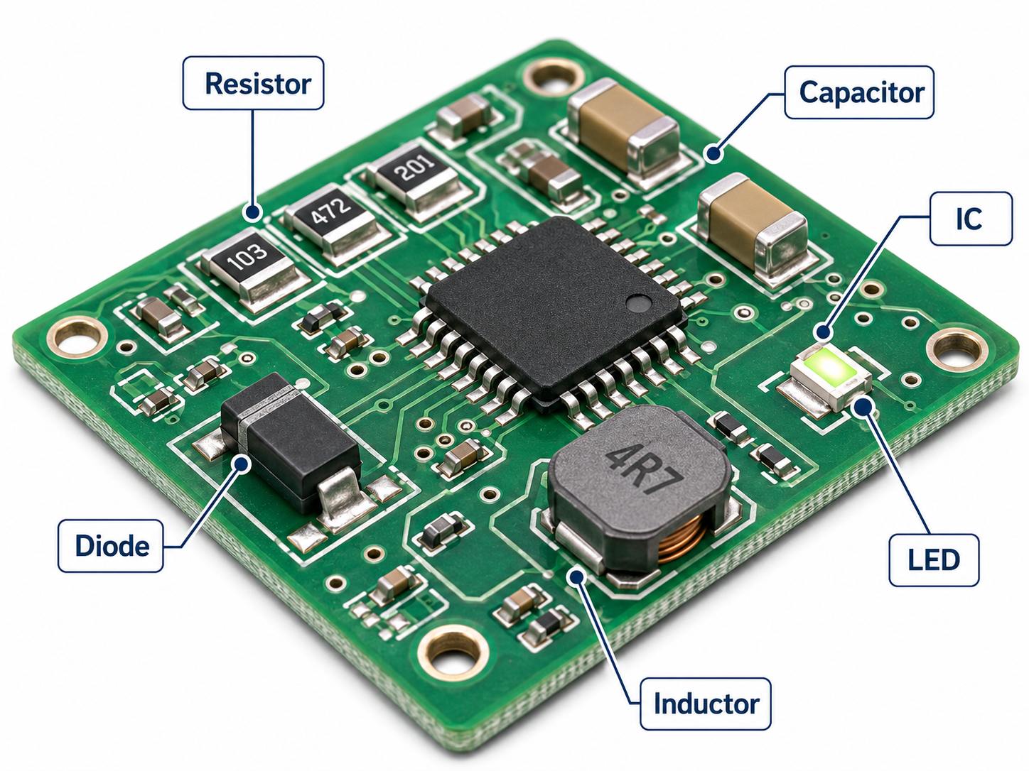 Common surface mount electronic components on a PCB