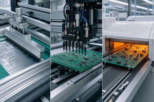 SMT line showing solder paste printing, SMD placement and reflow soldering